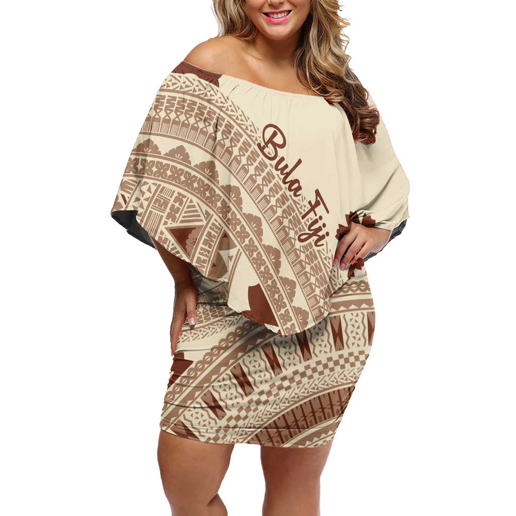 Bula Fiji Classic Masi Tapa Off Shoulder Short Dress Vintage Beige - Polynesian Pride