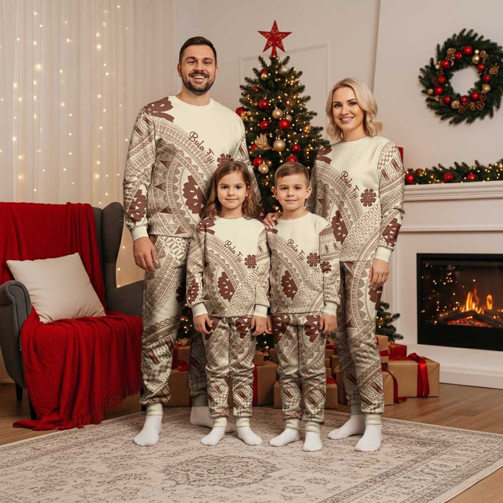 Bula Fiji Classic Masi Tapa Christmas Pajama Set Vintage Beige - Polynesian Pride