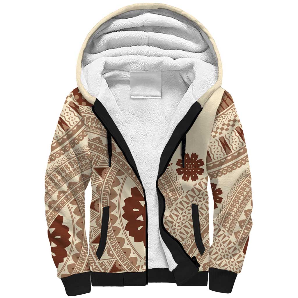 Bula Fiji Classic Masi Tapa Sherpa Hoodie Vintage Beige - Polynesian Pride