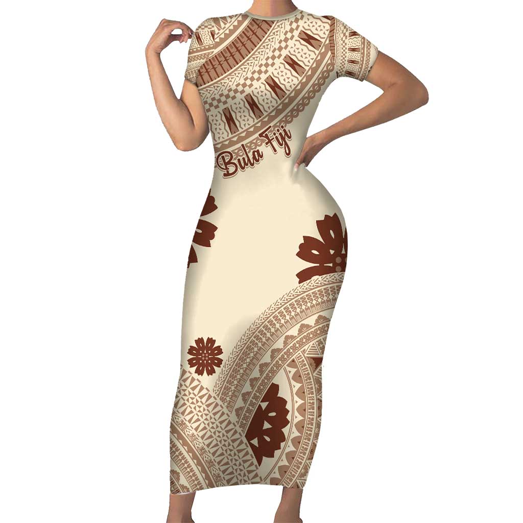 Bula Fiji Classic Masi Tapa Short Sleeve Bodycon Dress Vintage Beige - Polynesian Pride