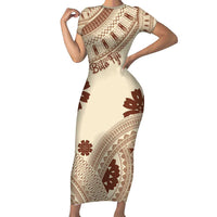 Bula Fiji Classic Masi Tapa Short Sleeve Bodycon Dress Vintage Beige - Polynesian Pride