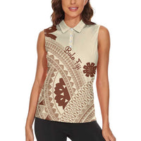 Bula Fiji Classic Masi Tapa Women Sleeveless Polo Shirt Vintage Beige - Polynesian Pride