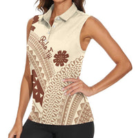 Bula Fiji Classic Masi Tapa Women Sleeveless Polo Shirt Vintage Beige - Polynesian Pride