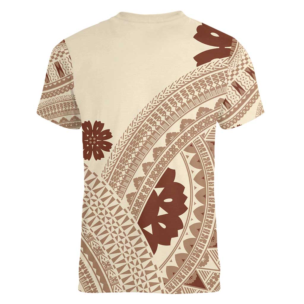 Bula Fiji Classic Masi Tapa Women V-Neck T-Shirt Vintage Beige - Polynesian Pride