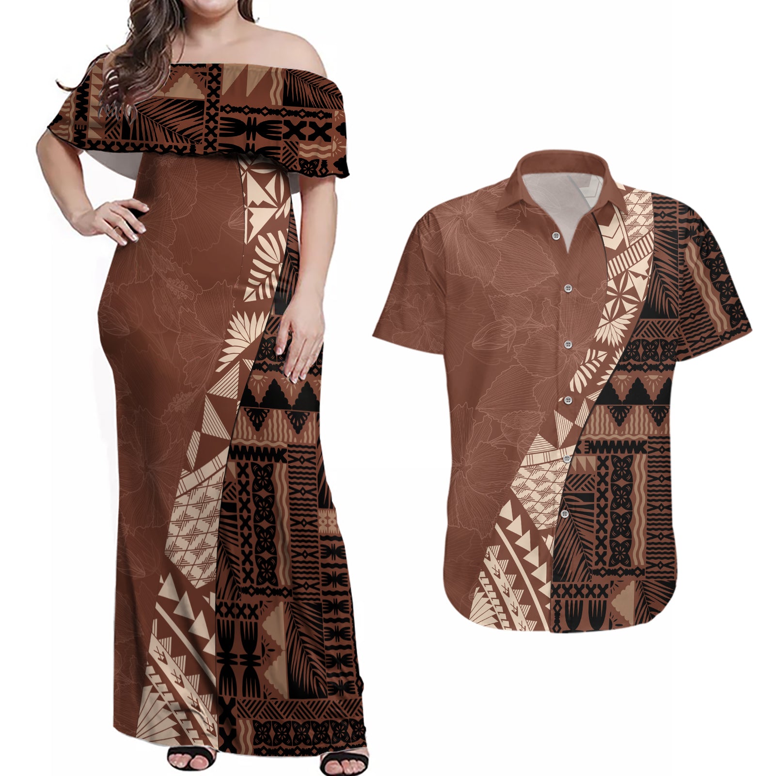 Bula Fiji Couples Matching Off Shoulder Maxi Dress and Hawaiian Shirt Tribal Masi Tapa - Brown LT7 Brown - Polynesian Pride