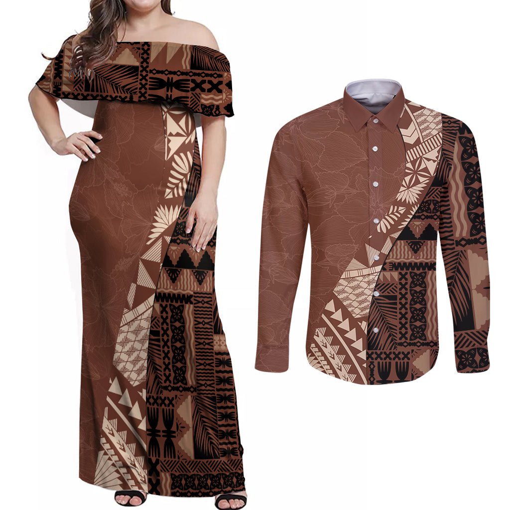 Bula Fiji Couples Matching Off Shoulder Maxi Dress and Long Sleeve Button Shirt Tribal Masi Tapa - Brown LT7 Brown - Polynesian Pride