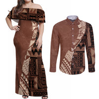 Bula Fiji Couples Matching Off Shoulder Maxi Dress and Long Sleeve Button Shirt Tribal Masi Tapa - Brown LT7 Brown - Polynesian Pride