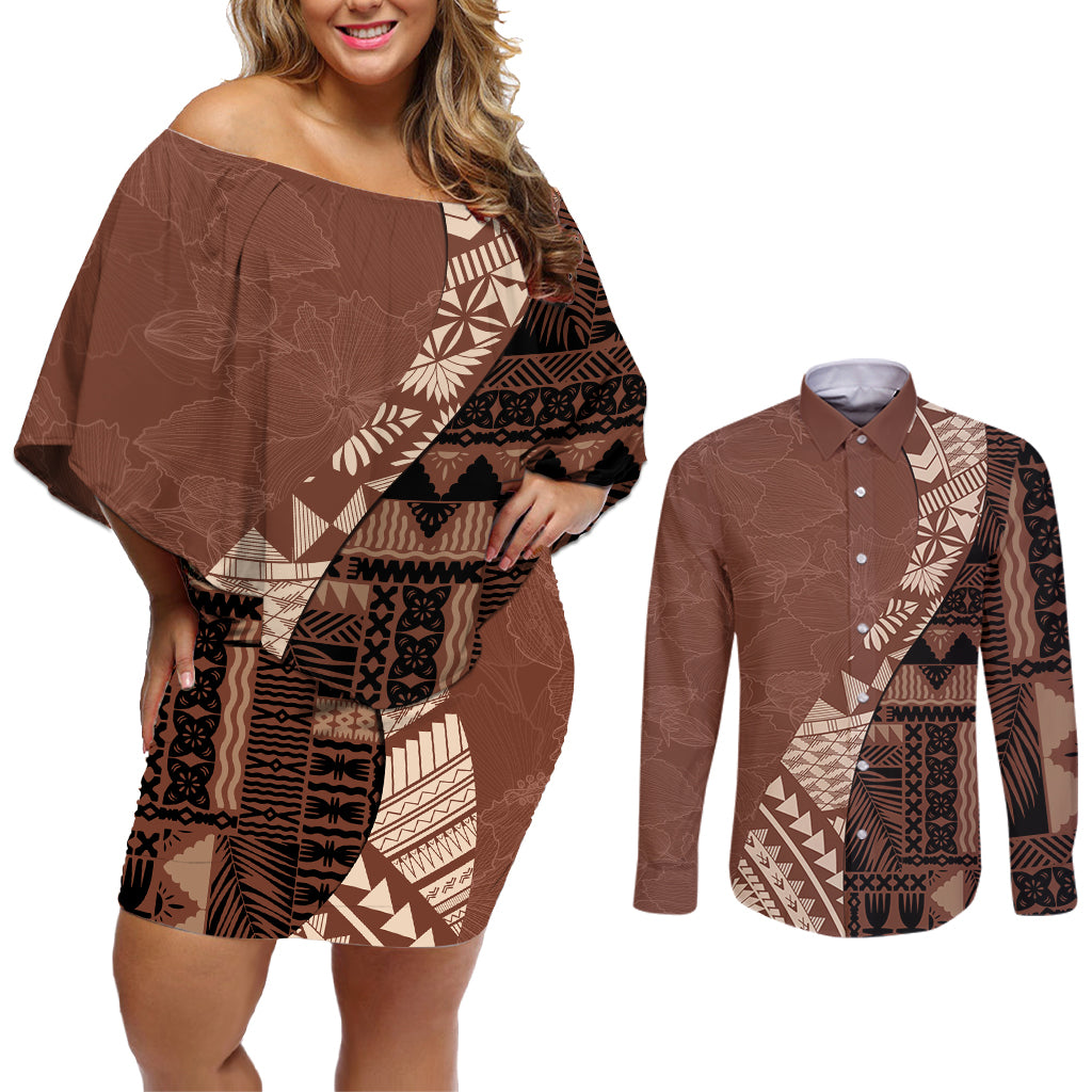 Bula Fiji Couples Matching Off Shoulder Short Dress and Long Sleeve Button Shirt Tribal Masi Tapa - Brown LT7 Brown - Polynesian Pride