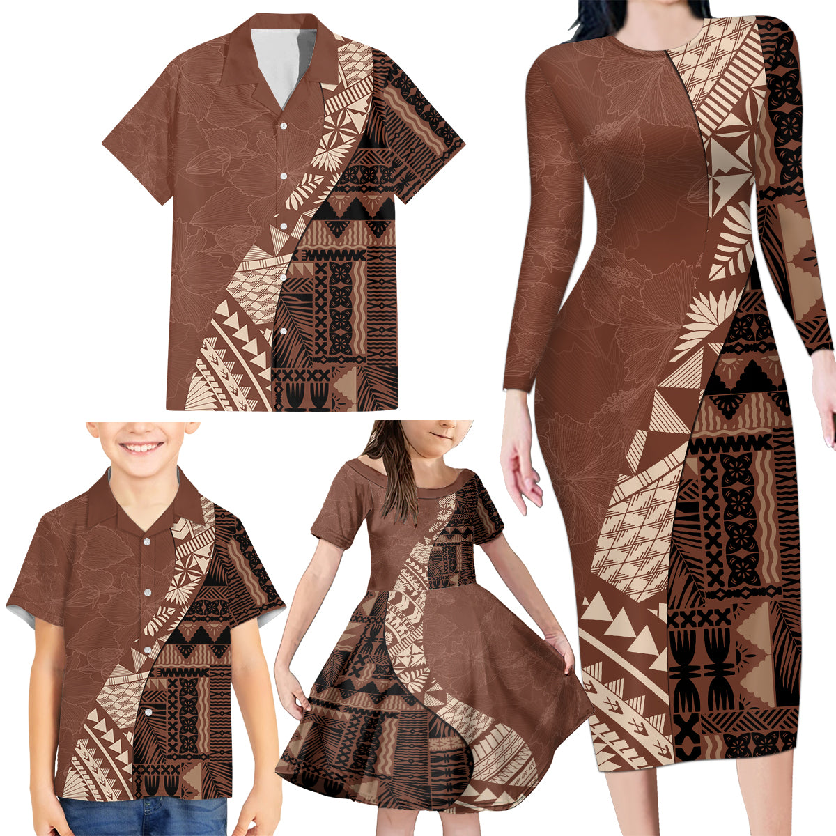 Bula Fiji Family Matching Long Sleeve Bodycon Dress and Hawaiian Shirt Tribal Masi Tapa - Brown LT7 - Polynesian Pride