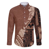 Bula Fiji Family Matching Off Shoulder Long Sleeve Dress and Hawaiian Shirt Tribal Masi Tapa - Brown LT7 Dad's Shirt - Long Sleeve Brown - Polynesian Pride