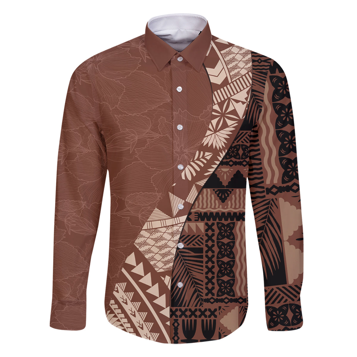 Bula Fiji Family Matching Off Shoulder Short Dress and Hawaiian Shirt Tribal Masi Tapa - Brown LT7 Dad's Shirt - Long Sleeve Brown - Polynesian Pride
