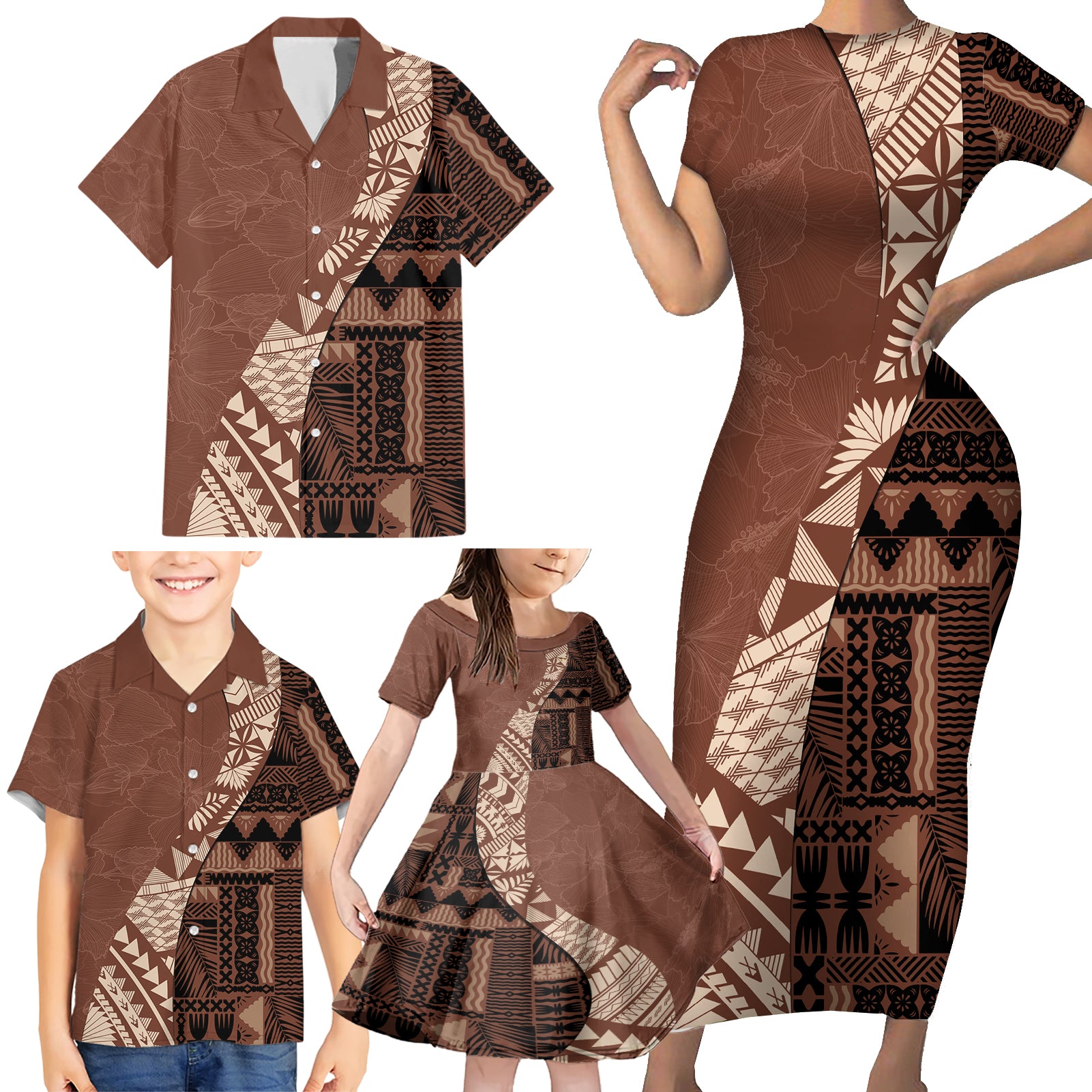 Bula Fiji Family Matching Short Sleeve Bodycon Dress and Hawaiian Shirt Tribal Masi Tapa - Brown LT7 - Polynesian Pride