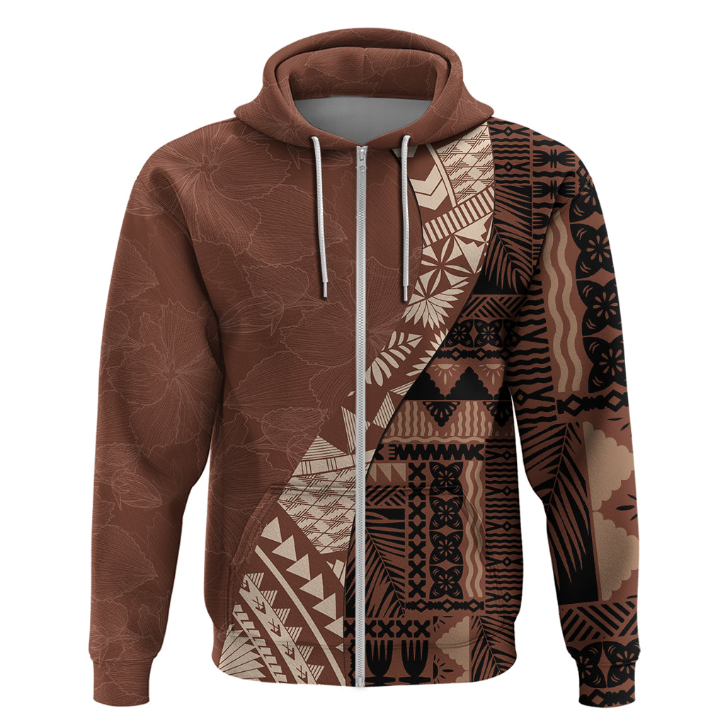 Bula Fiji Hoodie Tribal Masi Tapa - Brown LT7 Zip Hoodie Brown - Polynesian Pride
