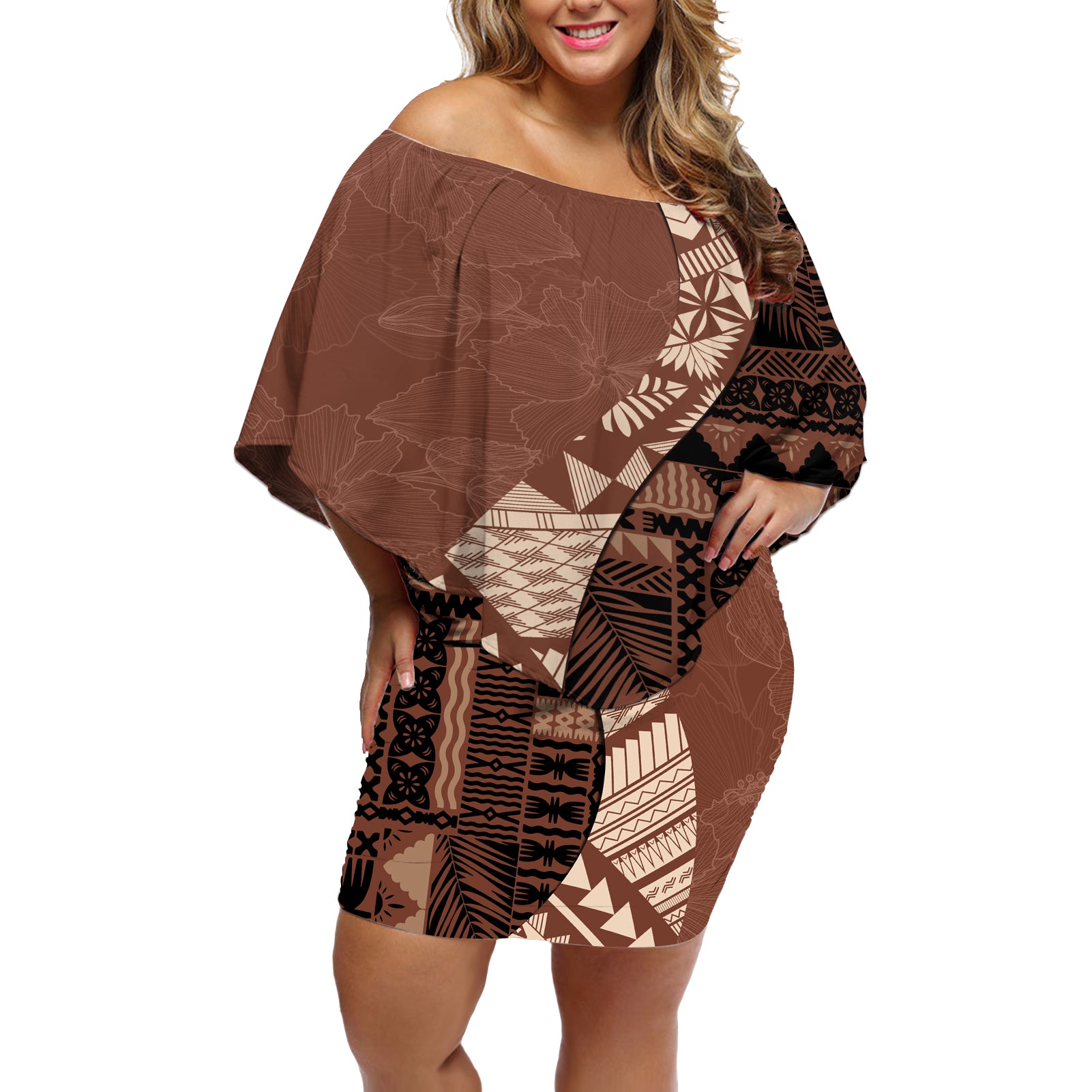 Bula Fiji Off Shoulder Short Dress Tribal Masi Tapa - Brown LT7 Women Brown - Polynesian Pride