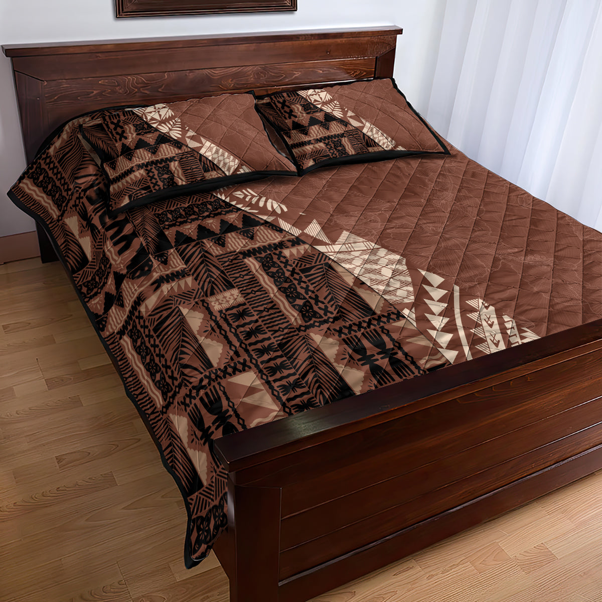 Bula Fiji Quilt Bed Set Tribal Masi Tapa - Brown LT7 - Polynesian Pride