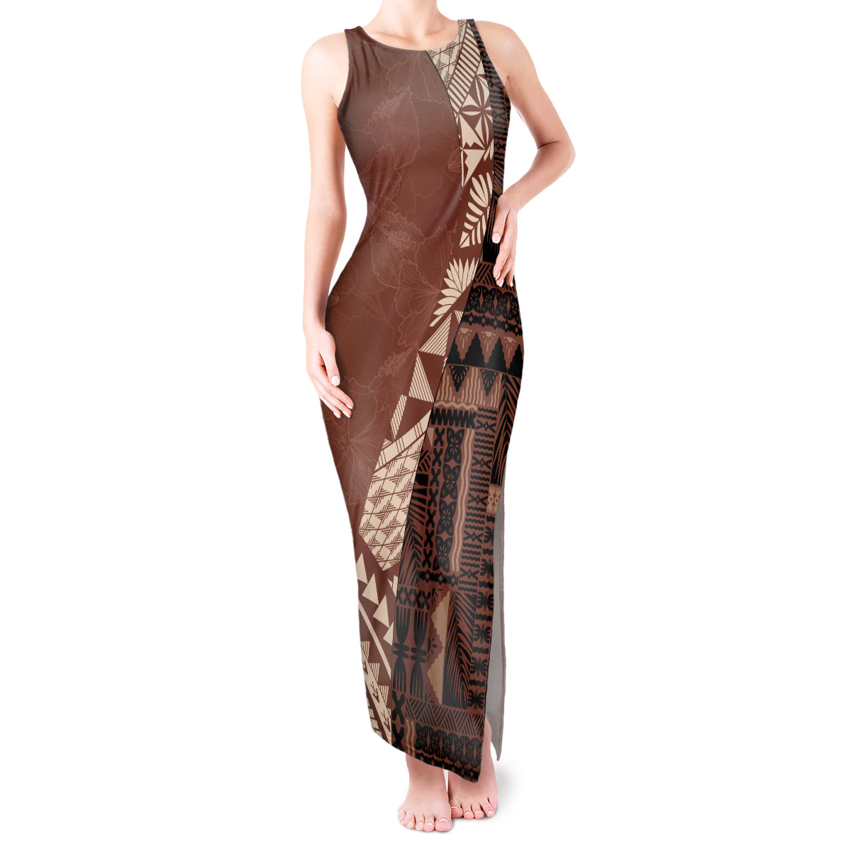 Bula Fiji Tank Maxi Dress Tribal Masi Tapa - Brown LT7 Women Brown - Polynesian Pride