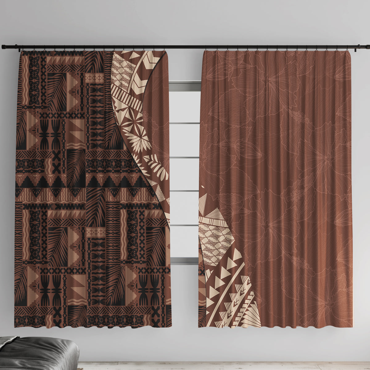 Bula Fiji Window Curtain Tribal Masi Tapa - Brown LT7 With Hooks Brown - Polynesian Pride