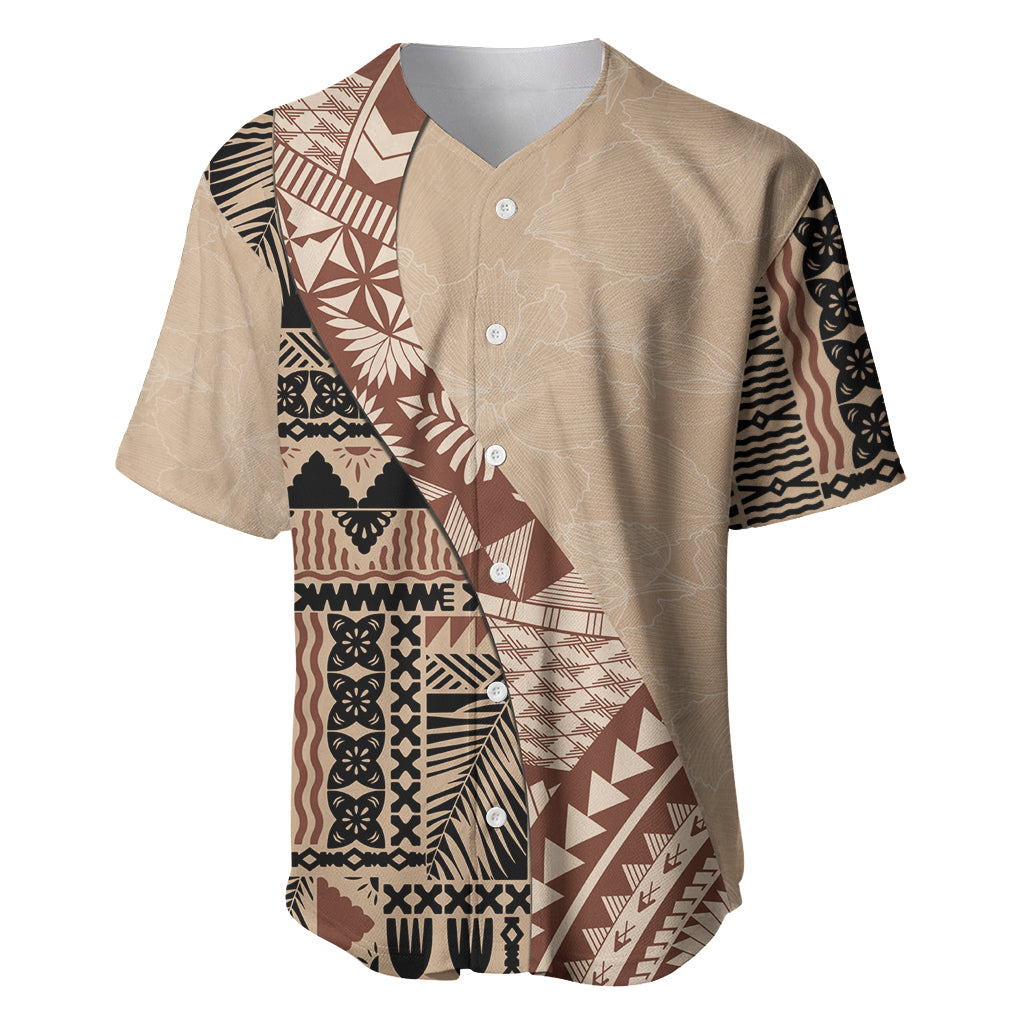 Bula Fiji Baseball Jersey Tribal Masi Tapa - Beige LT7 Beige - Polynesian Pride