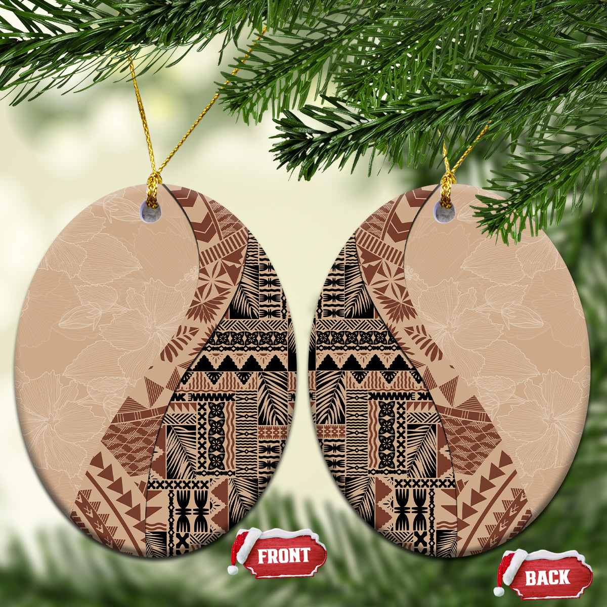 Bula Fiji Tribal Masi Tapa Ceramic Ornament Beige LT7 Oval Beige - Polynesian Pride