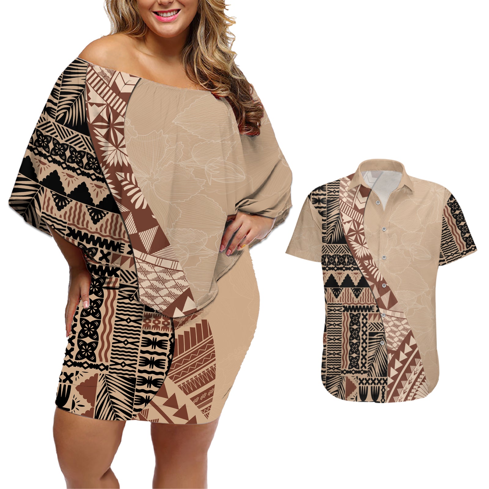 Bula Fiji Couples Matching Off Shoulder Short Dress and Hawaiian Shirt Tribal Masi Tapa - Beige LT7 Beige - Polynesian Pride