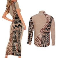 Bula Fiji Couples Matching Short Sleeve Bodycon Dress and Long Sleeve Button Shirt Tribal Masi Tapa - Beige LT7