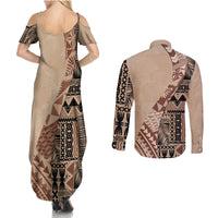 Bula Fiji Couples Matching Summer Maxi Dress and Long Sleeve Button Shirt Tribal Masi Tapa - Beige LT7 - Polynesian Pride