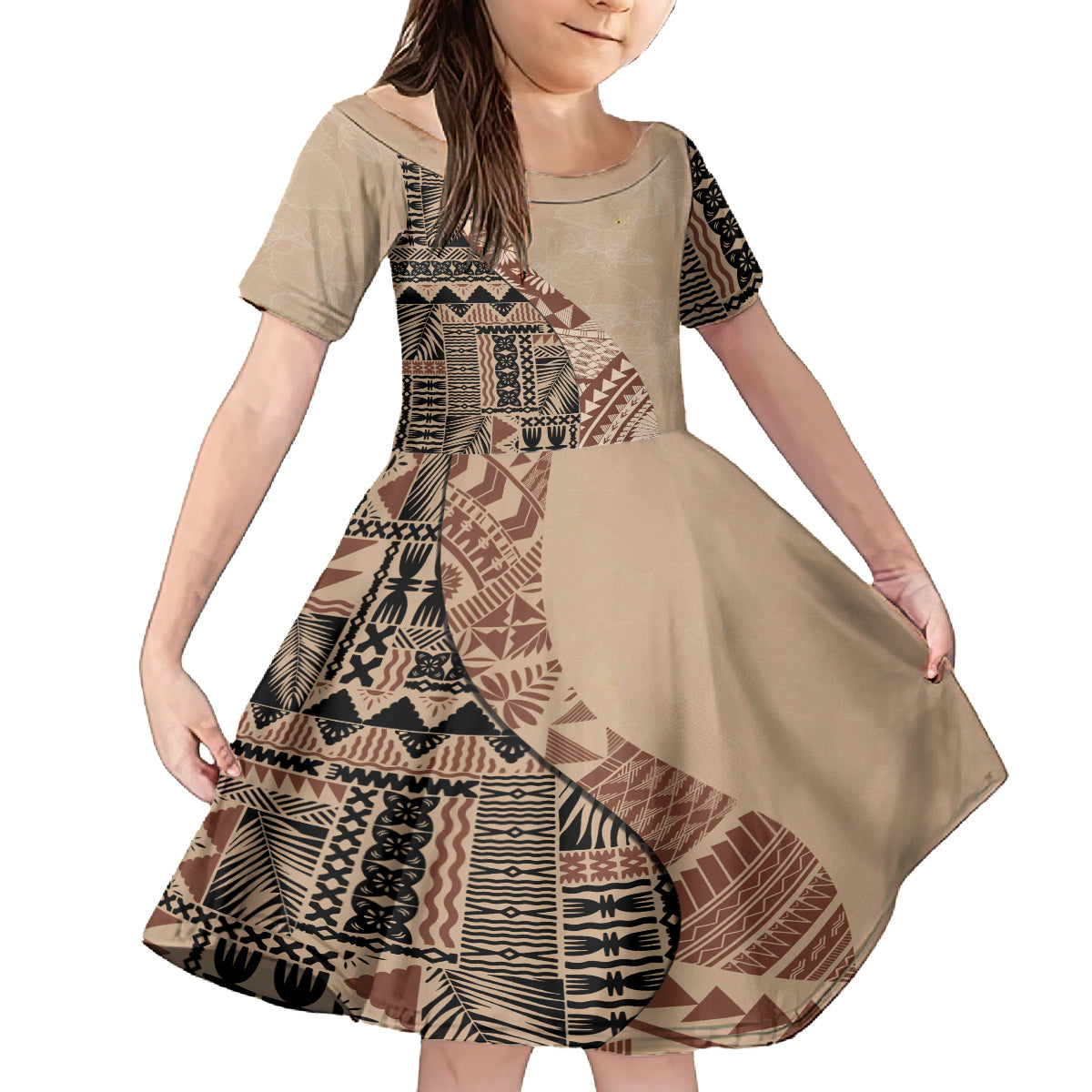 Bula Fiji Family Matching Off Shoulder Long Sleeve Dress and Hawaiian Shirt Tribal Masi Tapa - Beige LT7 Daughter's Dress Beige - Polynesian Pride