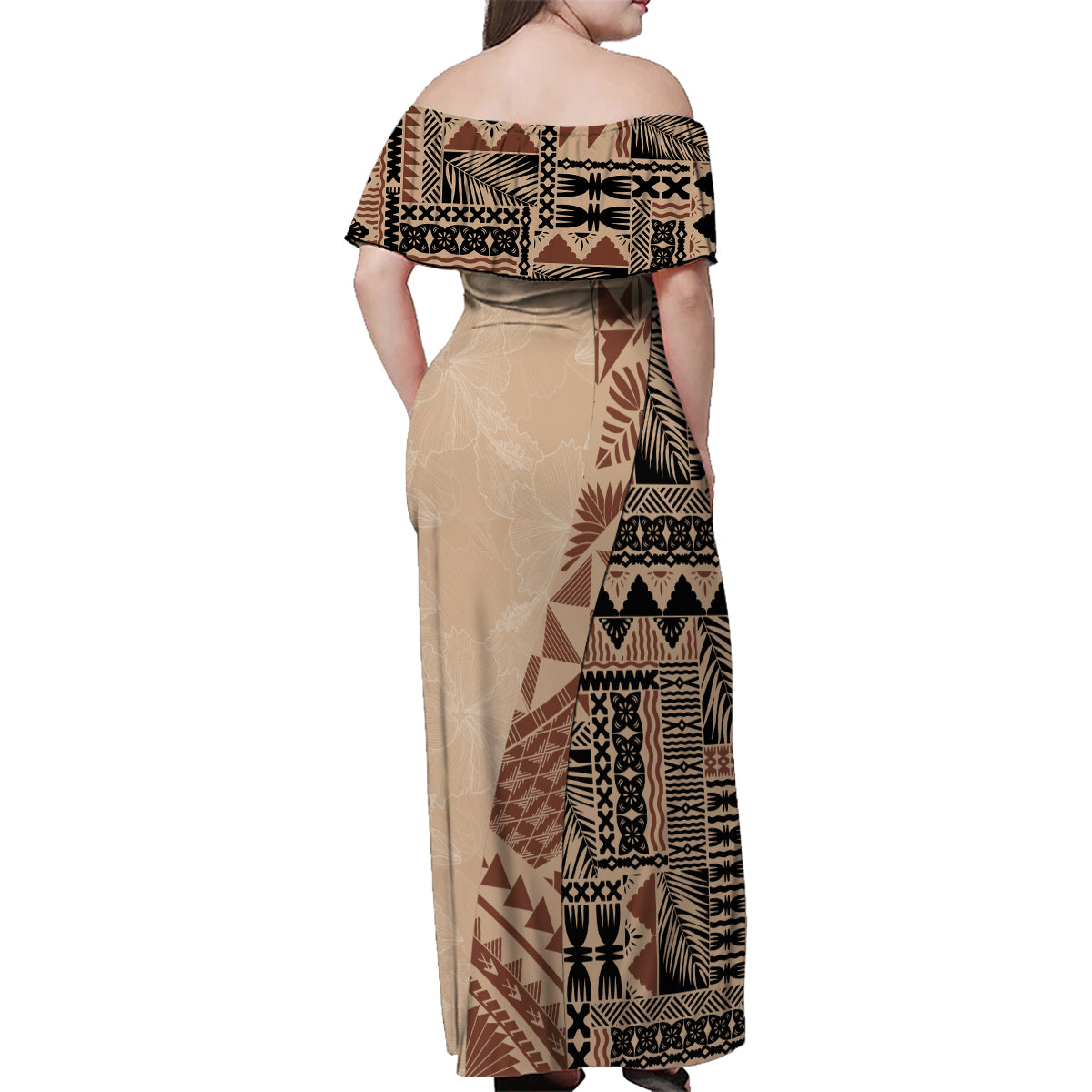 Bula Fiji Family Matching Off Shoulder Maxi Dress and Hawaiian Shirt Tribal Masi Tapa - Beige LT7 - Polynesian Pride
