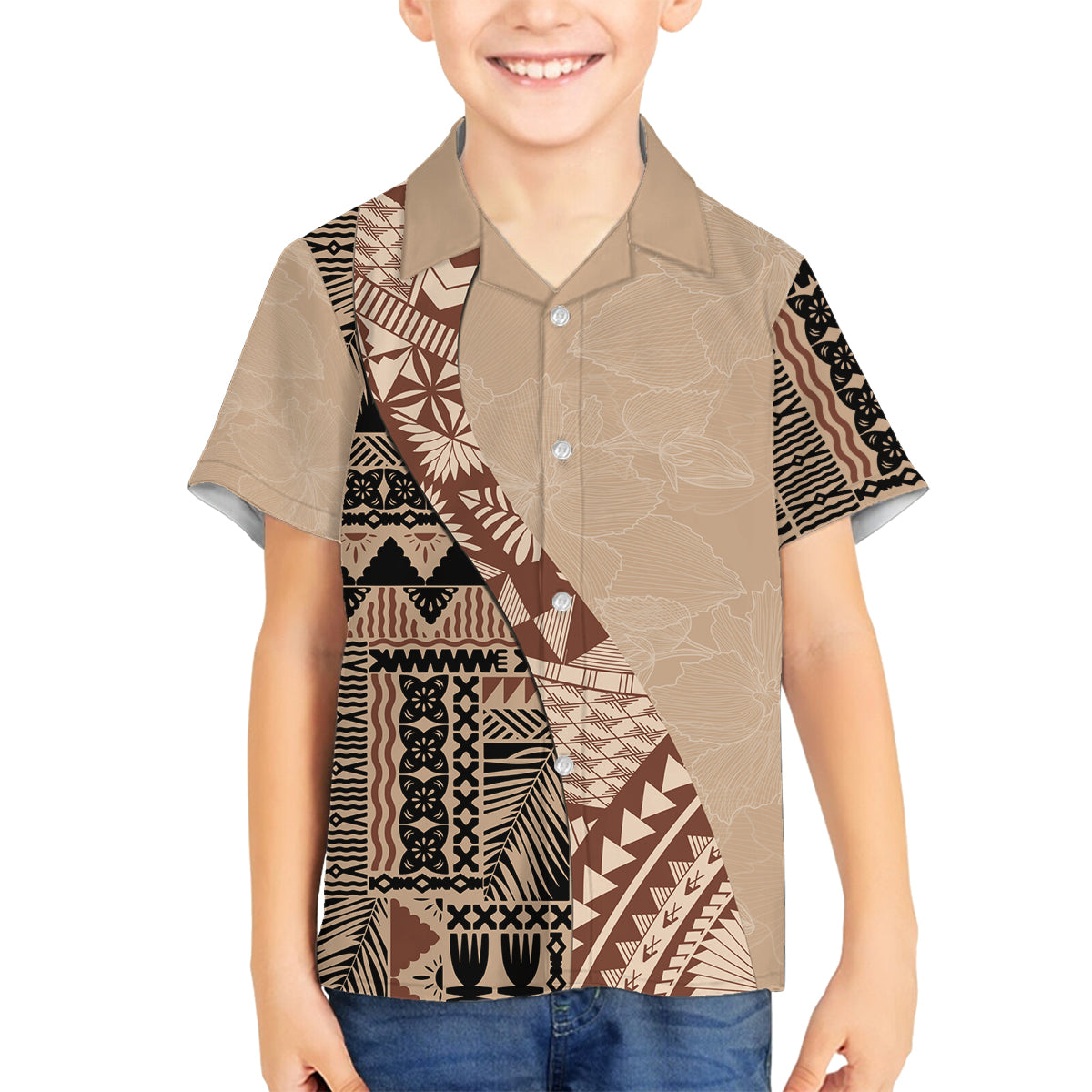 Bula Fiji Family Matching Off Shoulder Maxi Dress and Hawaiian Shirt Tribal Masi Tapa - Beige LT7 Son's Shirt Beige - Polynesian Pride