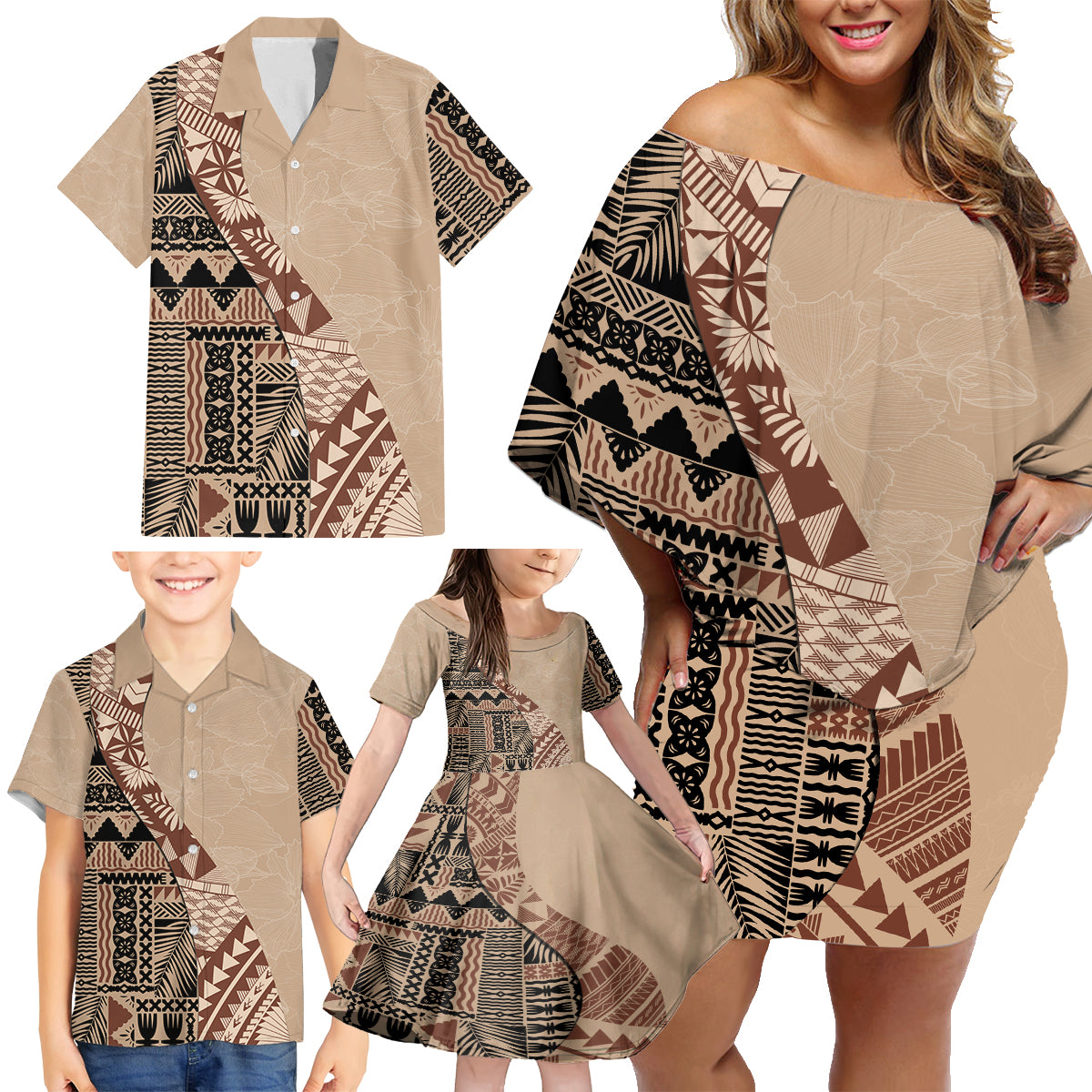 Bula Fiji Family Matching Off Shoulder Short Dress and Hawaiian Shirt Tribal Masi Tapa - Beige LT7 - Polynesian Pride