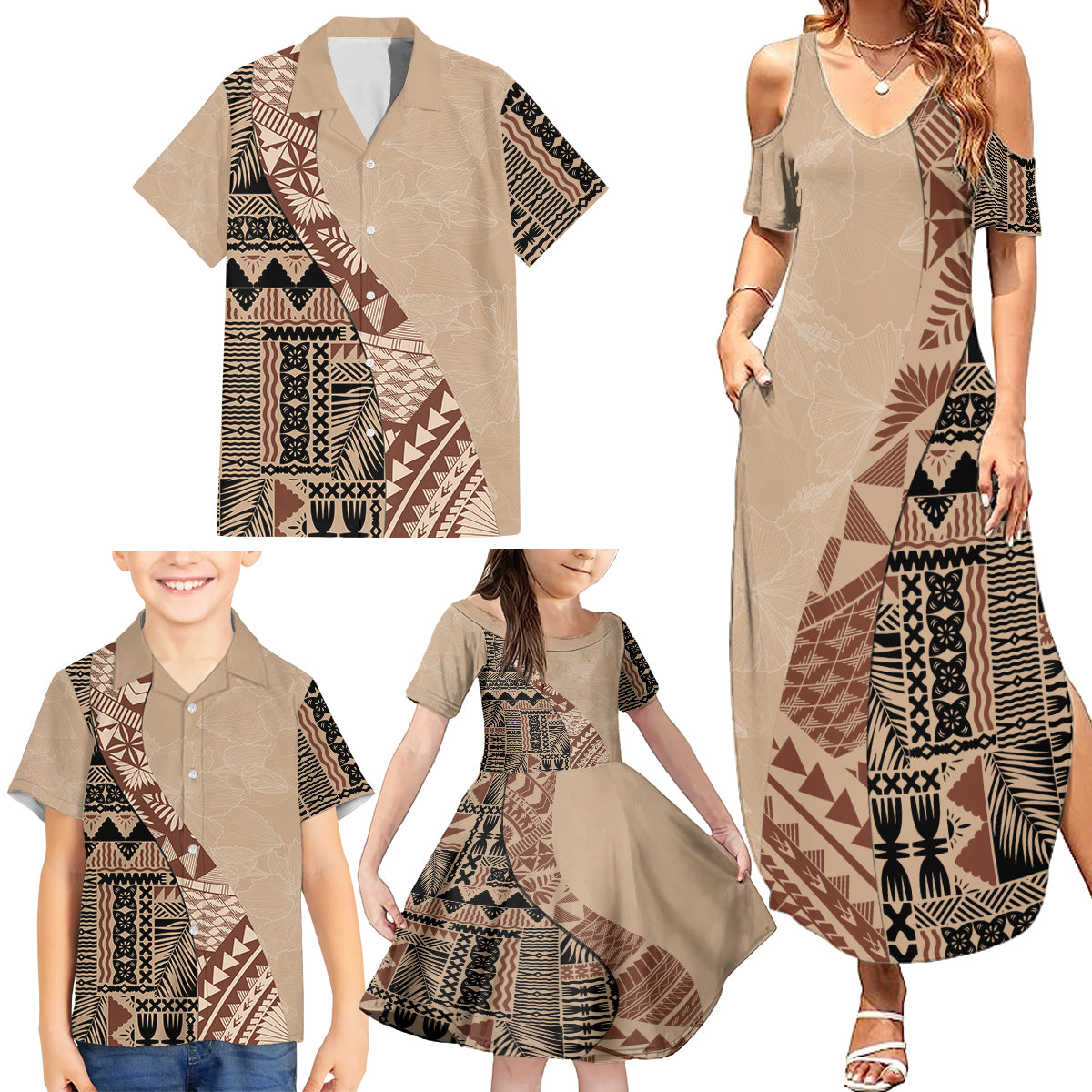 Bula Fiji Family Matching Summer Maxi Dress and Hawaiian Shirt Tribal Masi Tapa - Beige LT7 - Polynesian Pride