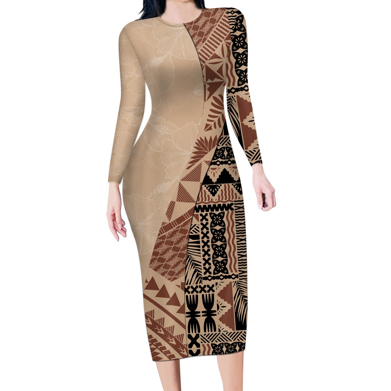 Bula Fiji Long Sleeve Bodycon Dress Tribal Masi Tapa - Beige LT7 Long Dress Beige - Polynesian Pride