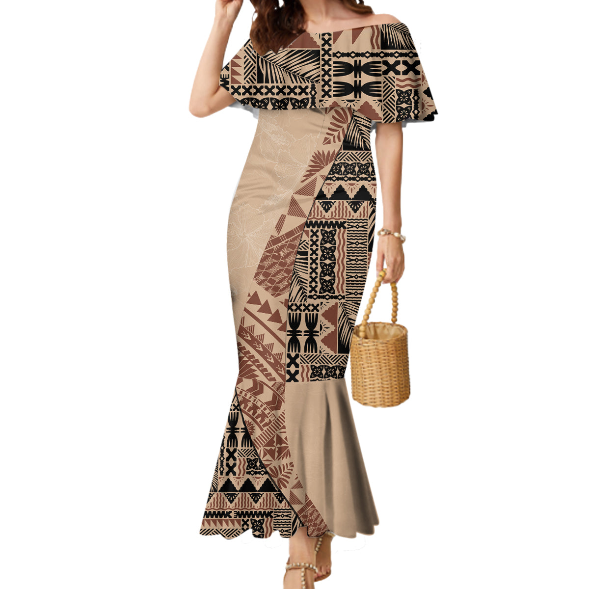 Bula Fiji Mermaid Dress Tribal Masi Tapa - Beige LT7 Women Beige - Polynesian Pride