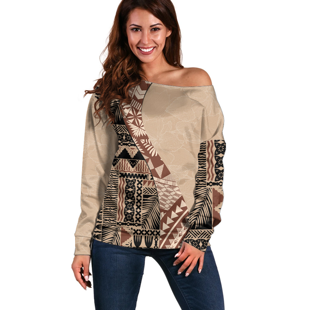 Bula Fiji Off Shoulder Sweater Tribal Masi Tapa - Beige LT7 Women Beige - Polynesian Pride