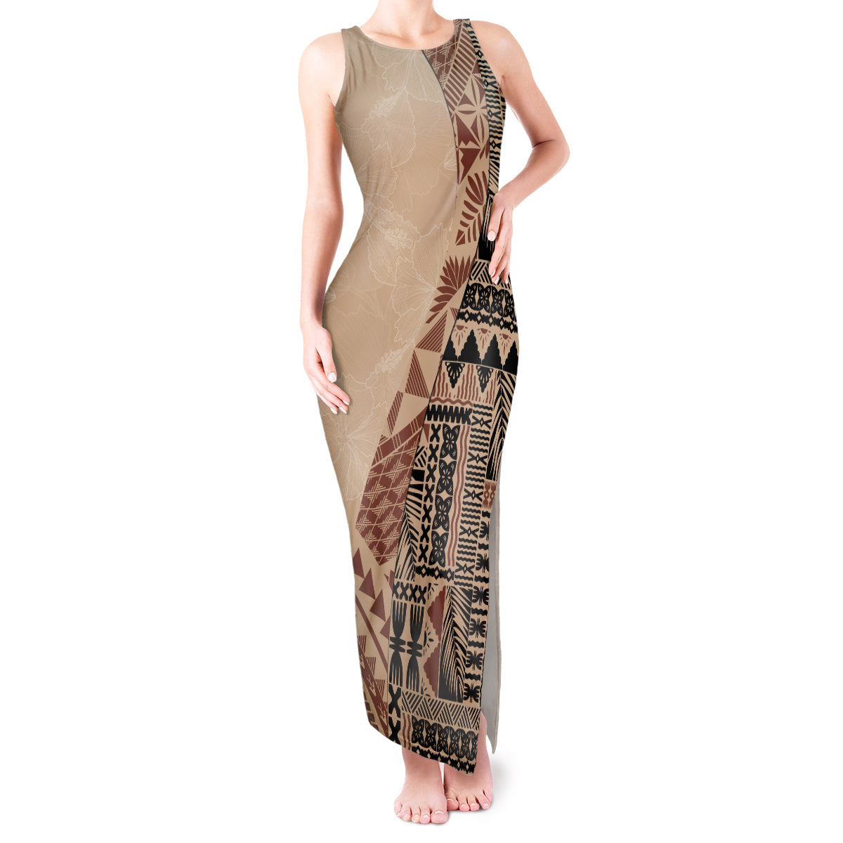 Bula Fiji Tank Maxi Dress Tribal Masi Tapa - Beige LT7 Women Beige - Polynesian Pride