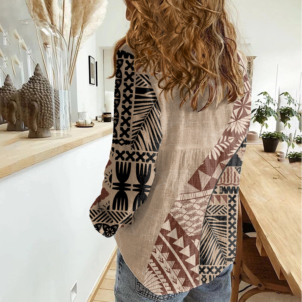 Bula Fiji Women Casual Shirt Tribal Masi Tapa - Beige LT7 - Polynesian Pride