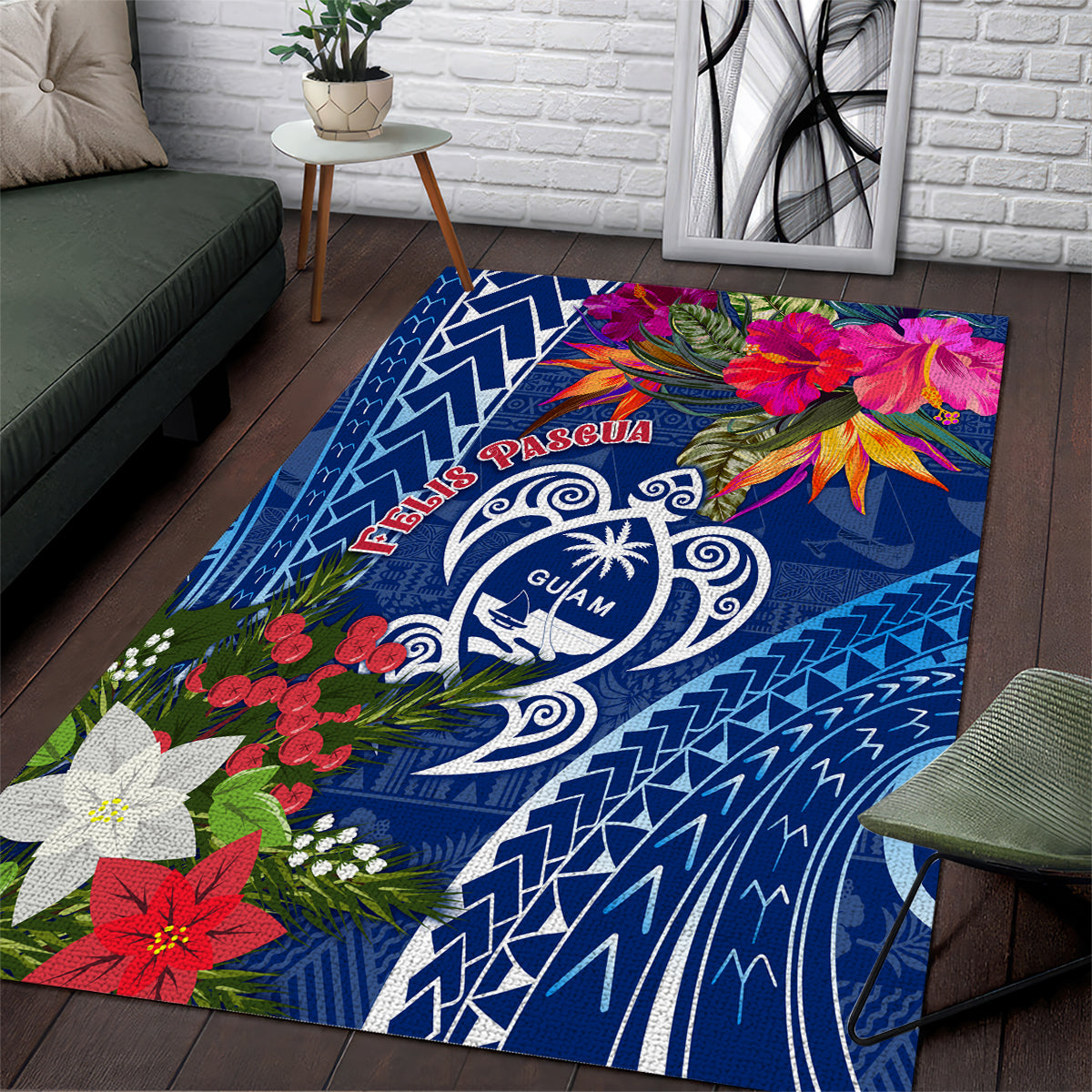 Guam Christmas Area Rug Turtle Mix Tapa Felis Pasgua LT7 Blue - Polynesian Pride