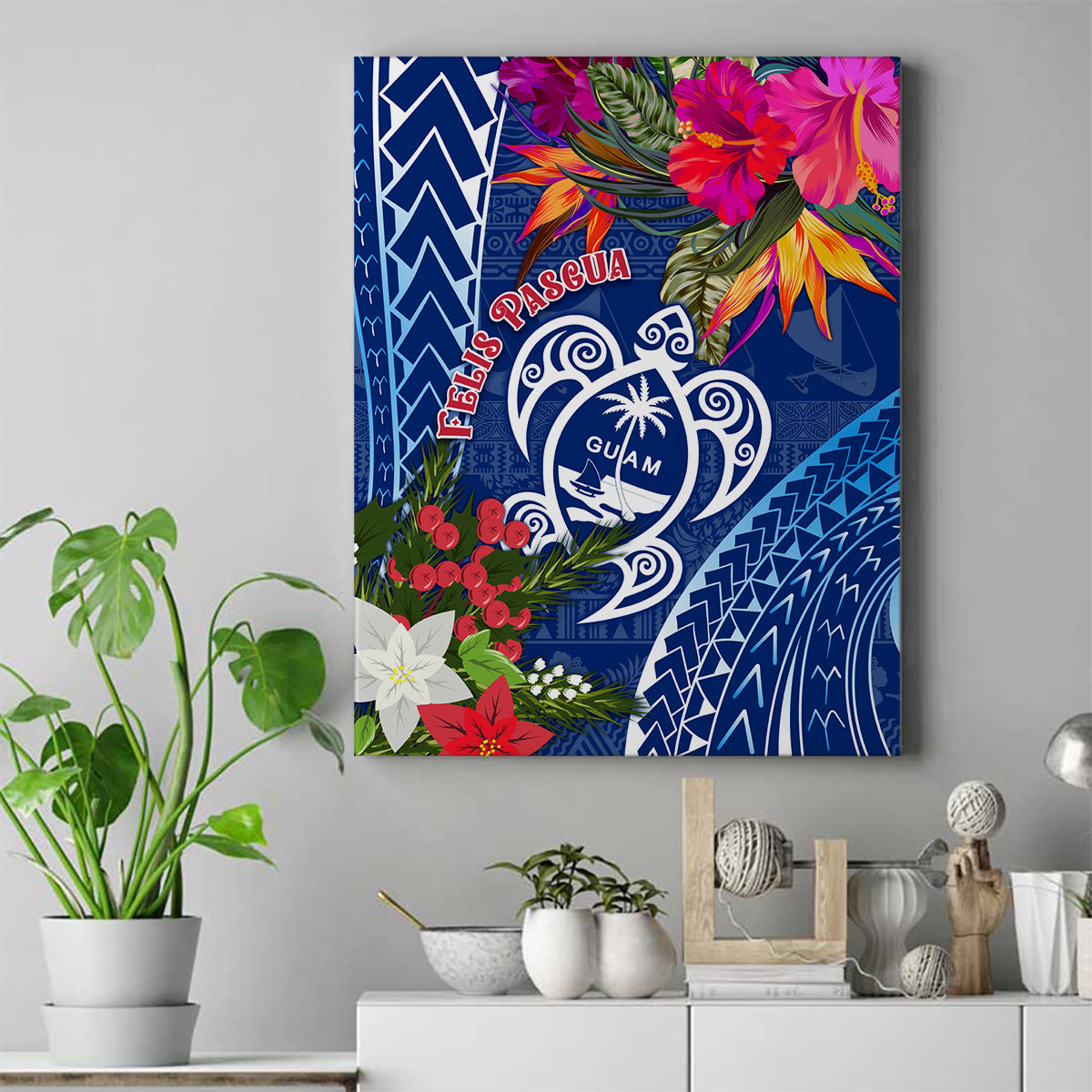 Guam Christmas Canvas Wall Art Turtle Mix Tapa Felis Pasgua LT7 Blue - Polynesian Pride