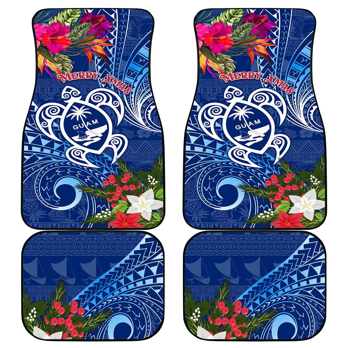 Guam Christmas Car Mats Turtle Mix Tapa Felis Pasgua LT7 Blue - Polynesian Pride