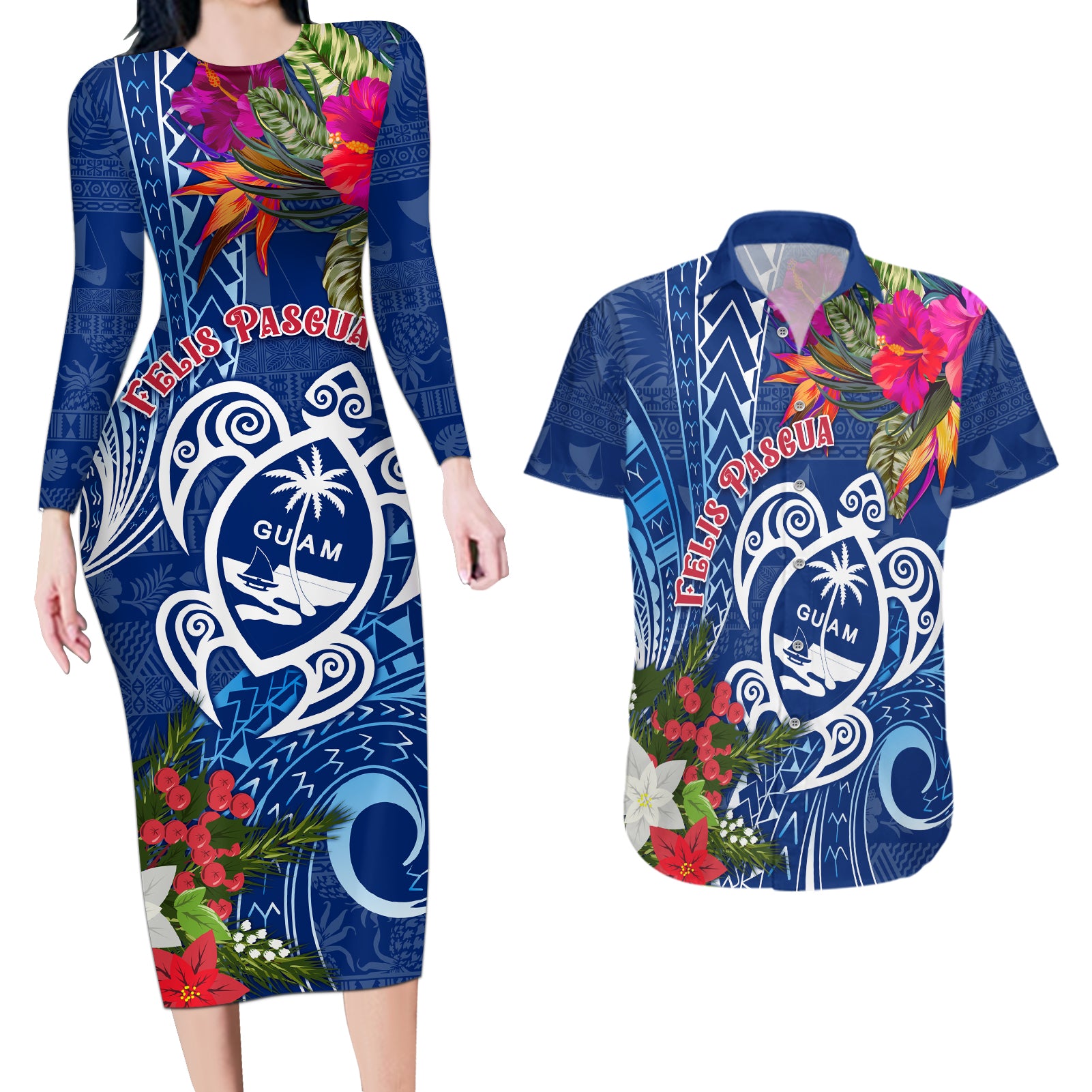 Guam Christmas Couples Matching Long Sleeve Bodycon Dress and Hawaiian Shirt Turtle Mix Tapa Felis Pasgua LT7 Blue - Polynesian Pride