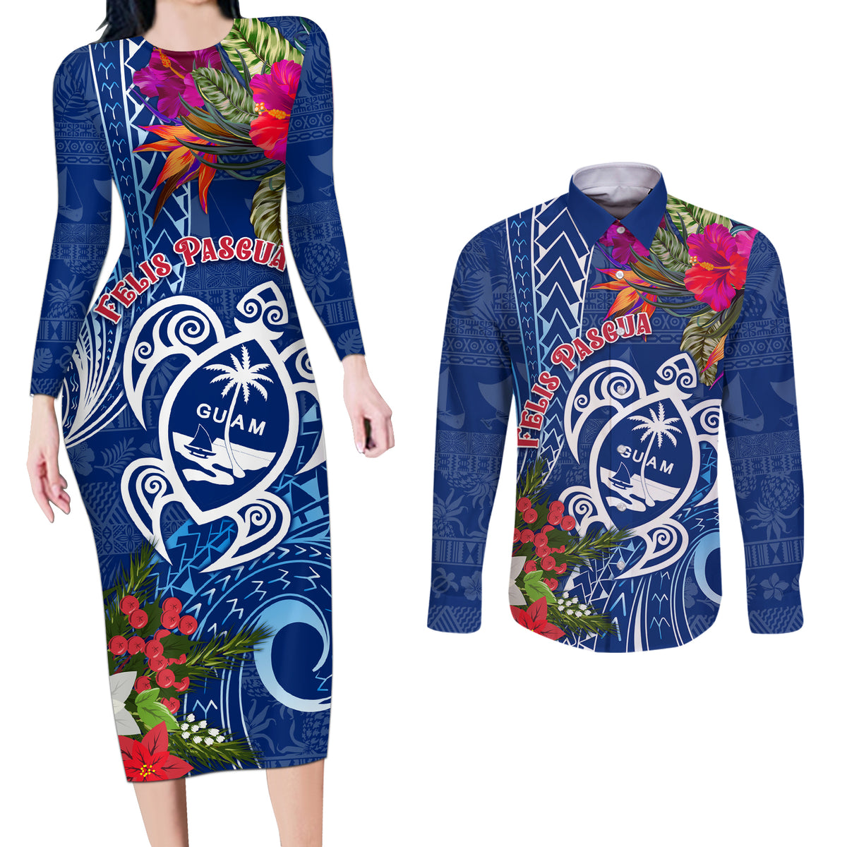 Guam Christmas Couples Matching Long Sleeve Bodycon Dress and Long Sleeve Button Shirt Turtle Mix Tapa Felis Pasgua LT7 Blue - Polynesian Pride