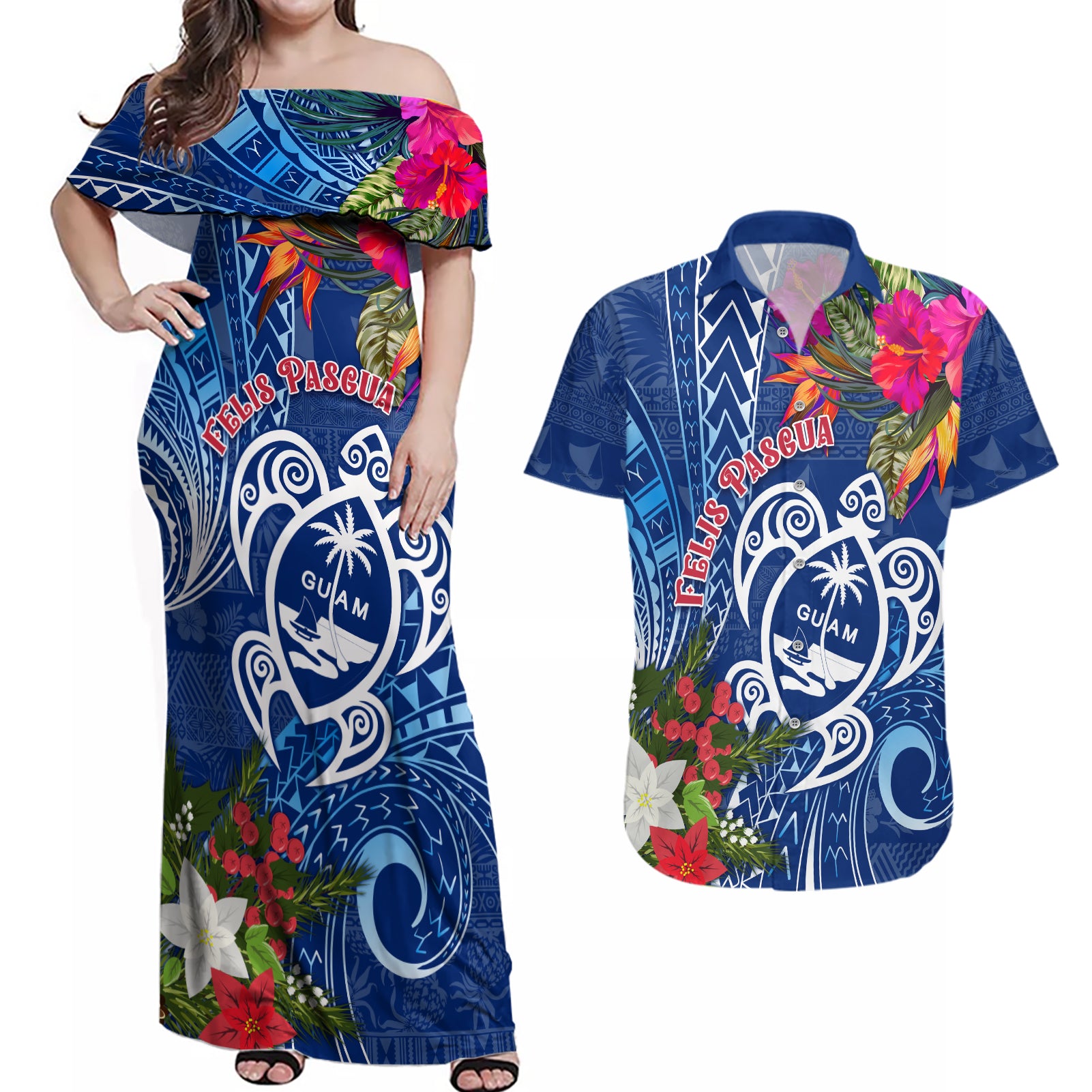 Guam Christmas Couples Matching Off Shoulder Maxi Dress and Hawaiian Shirt Turtle Mix Tapa Felis Pasgua LT7 Blue - Polynesian Pride