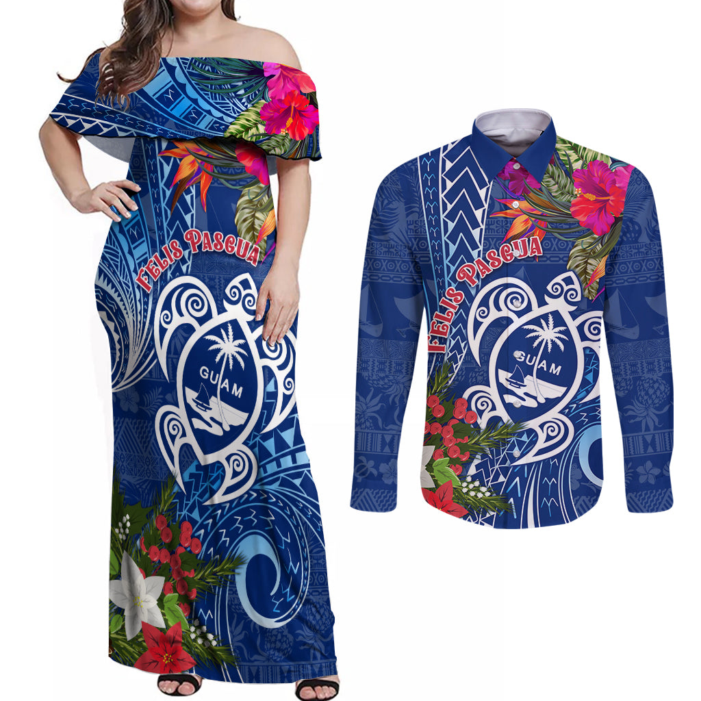 Guam Christmas Couples Matching Off Shoulder Maxi Dress and Long Sleeve Button Shirt Turtle Mix Tapa Felis Pasgua LT7 Blue - Polynesian Pride