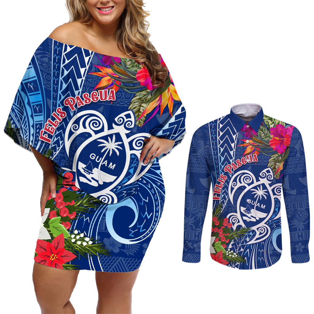 Guam Christmas Couples Matching Off Shoulder Short Dress and Long Sleeve Button Shirt Turtle Mix Tapa Felis Pasgua LT7 Blue - Polynesian Pride