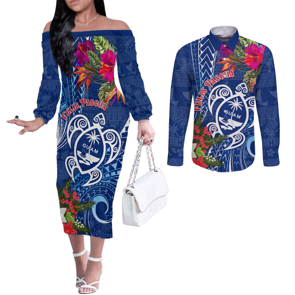 Guam Christmas Couples Matching Off The Shoulder Long Sleeve Dress and Long Sleeve Button Shirt Turtle Mix Tapa Felis Pasgua LT7 Blue - Polynesian Pride