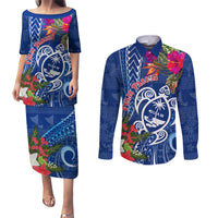 Guam Christmas Couples Matching Puletasi Dress and Long Sleeve Button Shirt Turtle Mix Tapa Felis Pasgua LT7 Blue - Polynesian Pride