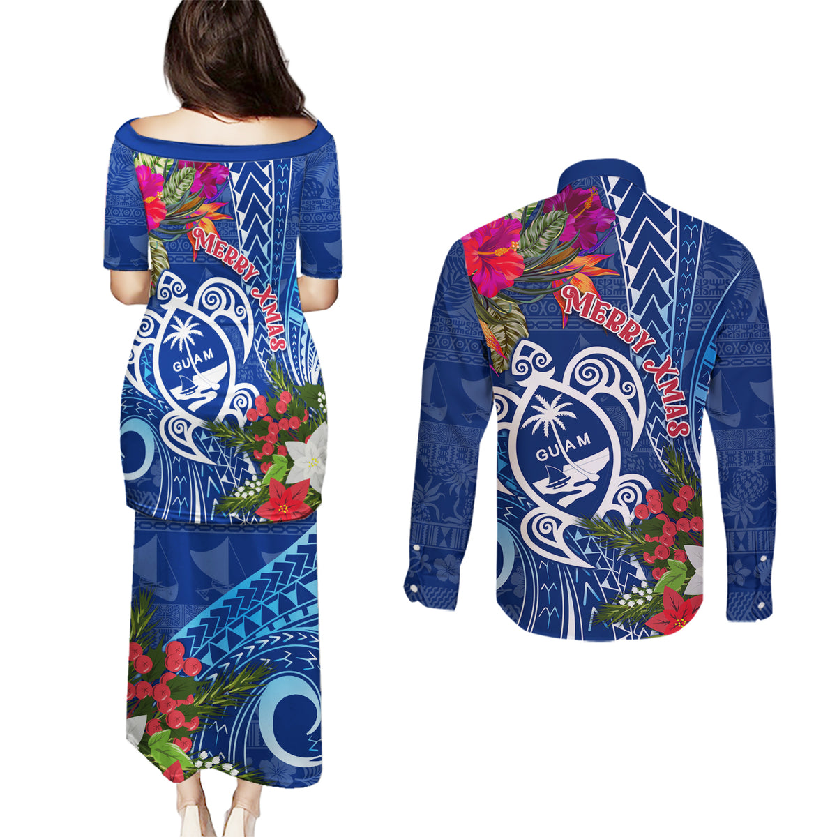 Guam Christmas Couples Matching Puletasi Dress and Long Sleeve Button Shirt Turtle Mix Tapa Felis Pasgua LT7 - Polynesian Pride