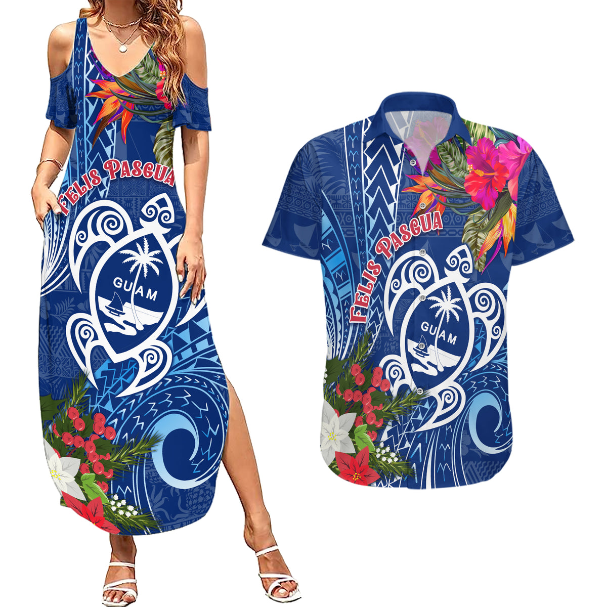 Guam Christmas Couples Matching Summer Maxi Dress and Hawaiian Shirt Turtle Mix Tapa Felis Pasgua LT7 Blue - Polynesian Pride