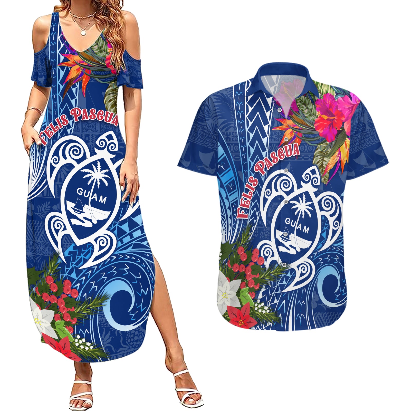 Guam Christmas Couples Matching Summer Maxi Dress and Hawaiian Shirt Turtle Mix Tapa Felis Pasgua LT7 Blue - Polynesian Pride