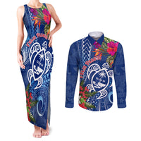 Guam Christmas Couples Matching Tank Maxi Dress and Long Sleeve Button Shirt Turtle Mix Tapa Felis Pasgua LT7 Blue - Polynesian Pride